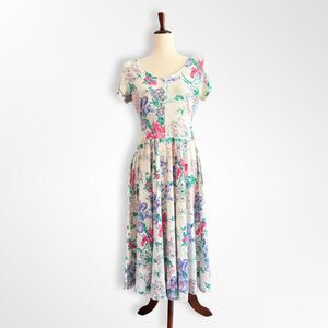 VTG 90s Cottagecore Floral Short Sleeve Maxi Dress, 12, Button Down